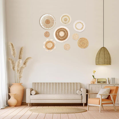 9 Pack Boho Wall Basket Set, hanging Woven Wall Basket Decor, Seagrass Rattan Wicker Boho Wall Decor, Eco-Friendly Round Wall Art for Farmhouse Bedroom Living Room Display Table Settings Kitchen Home