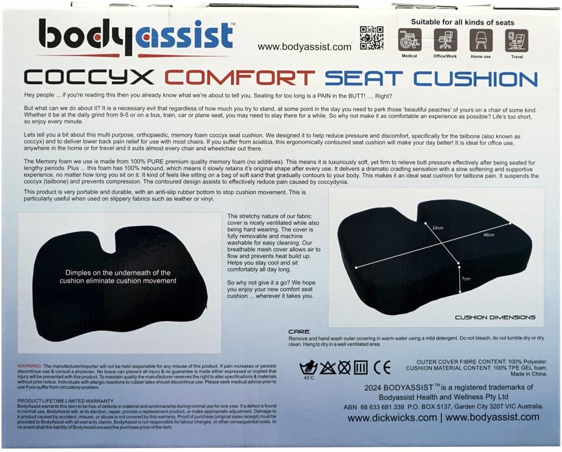 Bodyassist Coccyx Comfort Memory Foam Seat Cushion, Ergonomic Design, Breathable Cover, for Office, Travel and Home