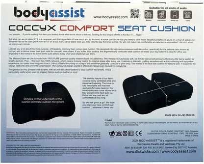 Bodyassist Coccyx Comfort Memory Foam Seat Cushion, Ergonomic Design, Breathable Cover, for Office, Travel and Home