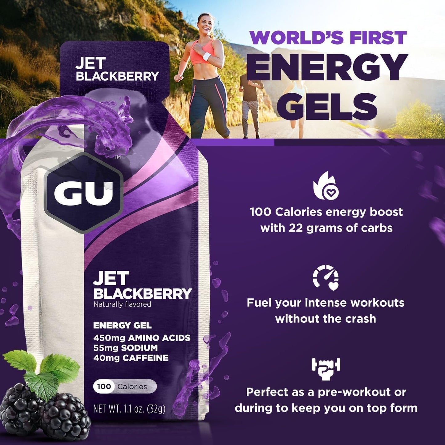 GU ENERGY Original Sports Nutrition Energy Gel, Jet Blackberry, 24-Count