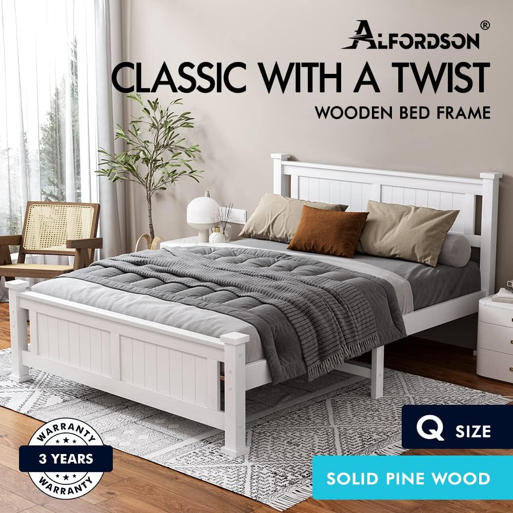 ALFORDSON Bed Frame Queen Wooden Bed Base with Solid Wood Pine Timber Slats, Mattress Base Platform Support, White Bed Foundation with Storage Space, Arne Series Home Bedroom Furniture