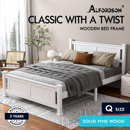 ALFORDSON Bed Frame Queen Wooden Bed Base with Solid Wood Pine Timber Slats, Mattress Base Platform Support, White Bed Foundation with Storage Space, Arne Series Home Bedroom Furniture