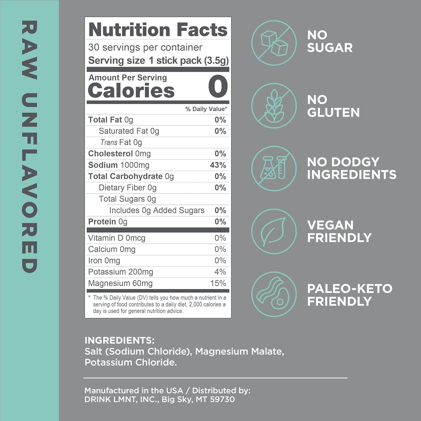 LMNT Zero Sugar Electrolytes - Raw Unflavored Salt | Drink Mix | 30-Count, Pack of 2 (60 Sticks)