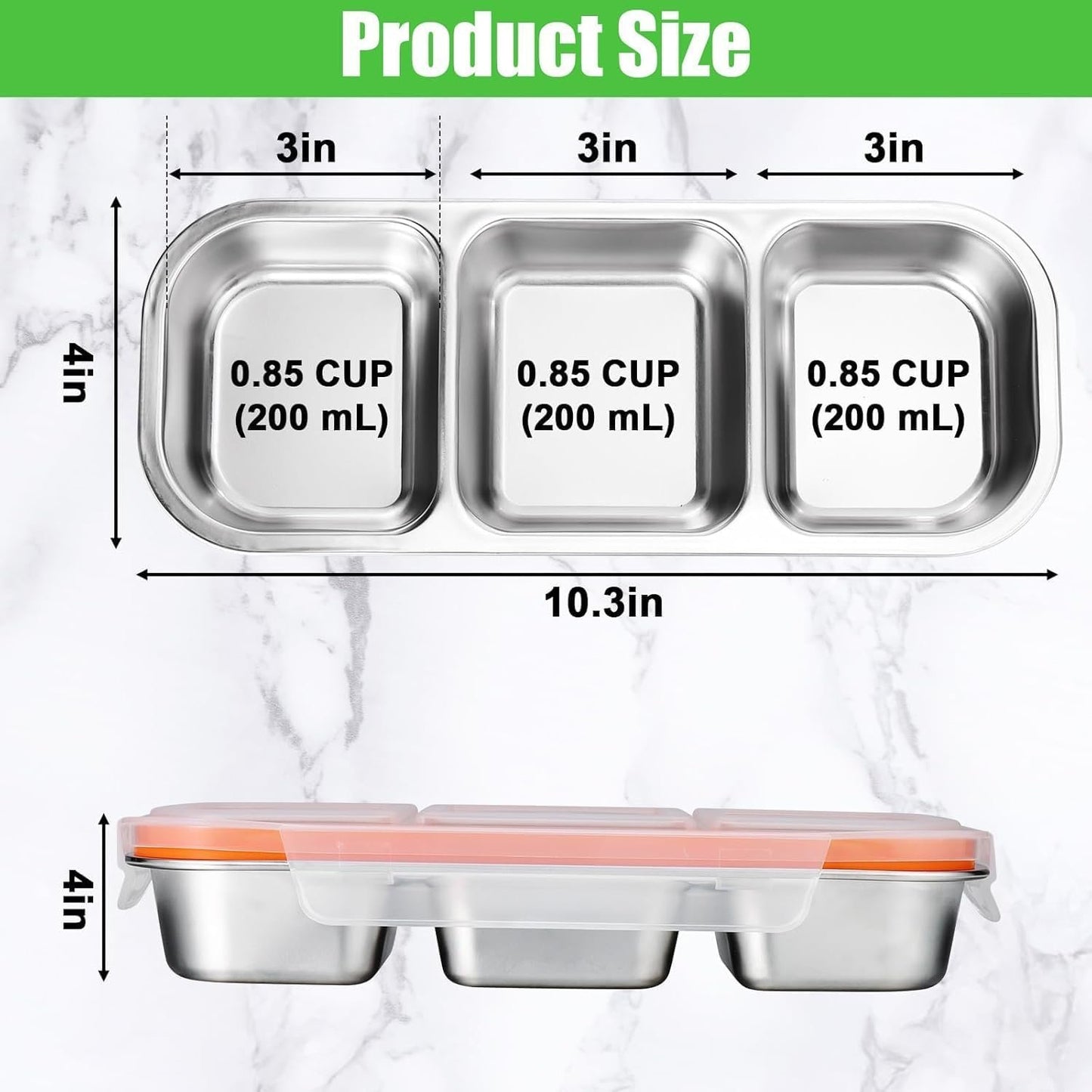 Abekuta Stainless Steel Snack Containers, Reusable Condiment Box with Lids, 3 Compartment Sauce Cups, Divided Food Storage Containers for School, Home, Travel