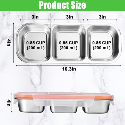 Abekuta Stainless Steel Snack Containers, Reusable Condiment Box with Lids, 3 Compartment Sauce Cups, Divided Food Storage Containers for School, Home, Travel