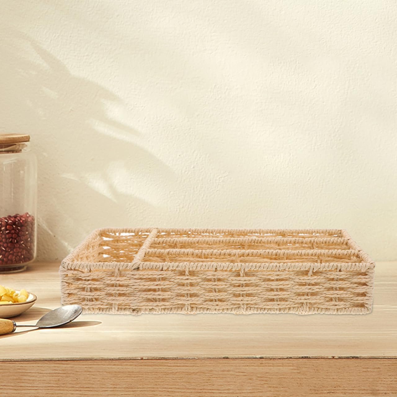IMIKEYA Woven Silverware Storage Basket With 4 Compartments Wicker Flatware Organizer Kitchen Cutlery Utensil Serving Tray 30x20cm Fork Spoon Holder