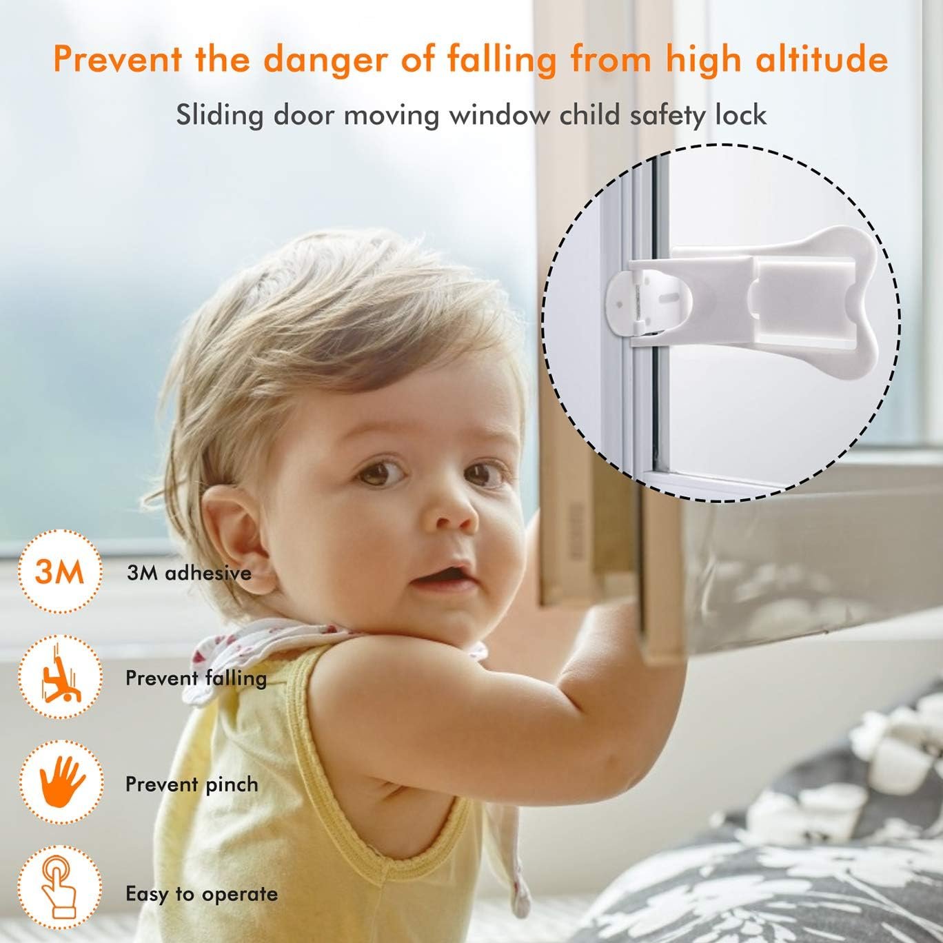 Sliding Door Lock for Child Safety - Baby Proofing Closets and Windows Locks 4 Pack - Strong Yet Easy Clean 3M Adhesive - Keyless, No Screws or Tools Required (White)