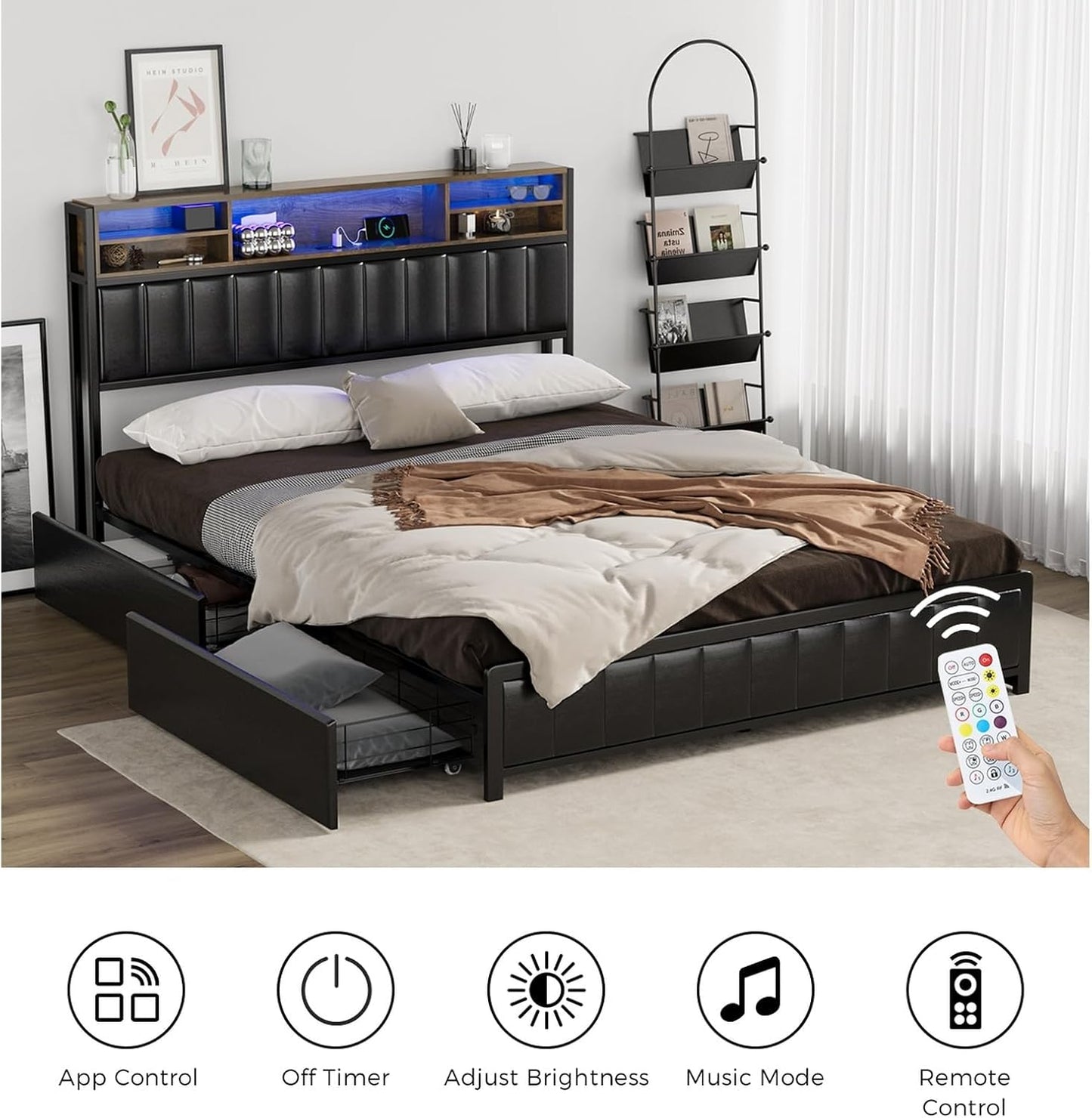 Oikiture Queen Size Bed Frame with 5 LED Open Display Shelves and 4 Drawers Metal Queen Bed with Bed Head Black
