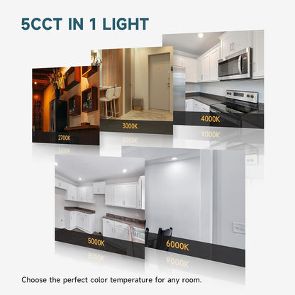 ECOELER 6 Inch 5CCT Ultra-Thin LED Recessed Ceiling Light with Junction Box, 2700K/3000K/4000K/5000K/6000K Selectable, 12W 1100Lm, Dimmable Canless Wafer Downlight, ETL&FCC Approved