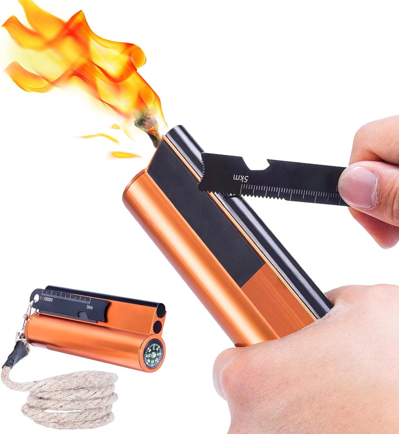 Fire Starter with Compass,Survival Tool Fire Starter Kit,Waterproof Tinder Wick Rope Fire Starter,All-Weather Magnesium Ferro Rod Fire Starter