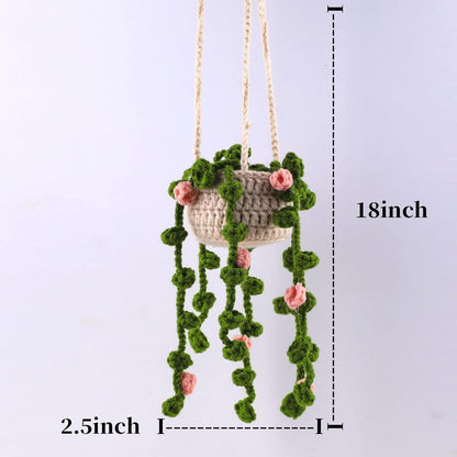 Minasona Cute Potted Plants Crochet Car Mirror Hanging Accessories for Women Men - Handmade Knitted Rear View Mirror Interior Aesthetic (Pink Flowers)