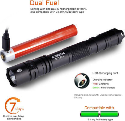 ACEBEAM TAC 2AA EDC Tactical Dual Modes Flashlight Rechargeable, 1600 High Lumens Flashlight, Dual Switch Pocket LED Flashlight, Super Bright Small Flash Light for Emergency, Camping, Home
