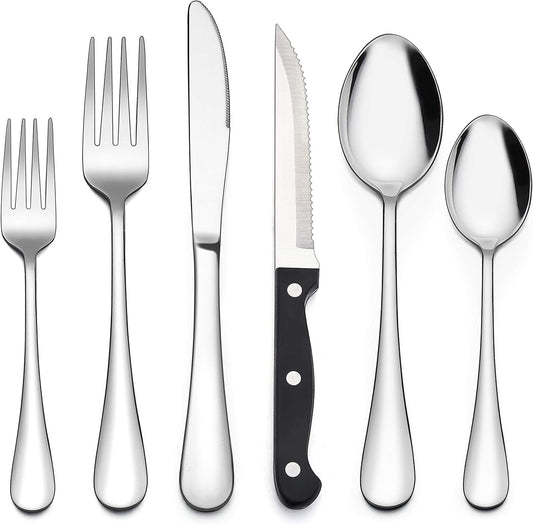 LIANYU 24-Piece Cutlery Set with Steak Knives, Stainless Steel Flatware Set for 4, Fancy Silverware Eating Utensils Tableware, Include Fork Spoon Knife, Mirror Finish, Dishwasher Safe