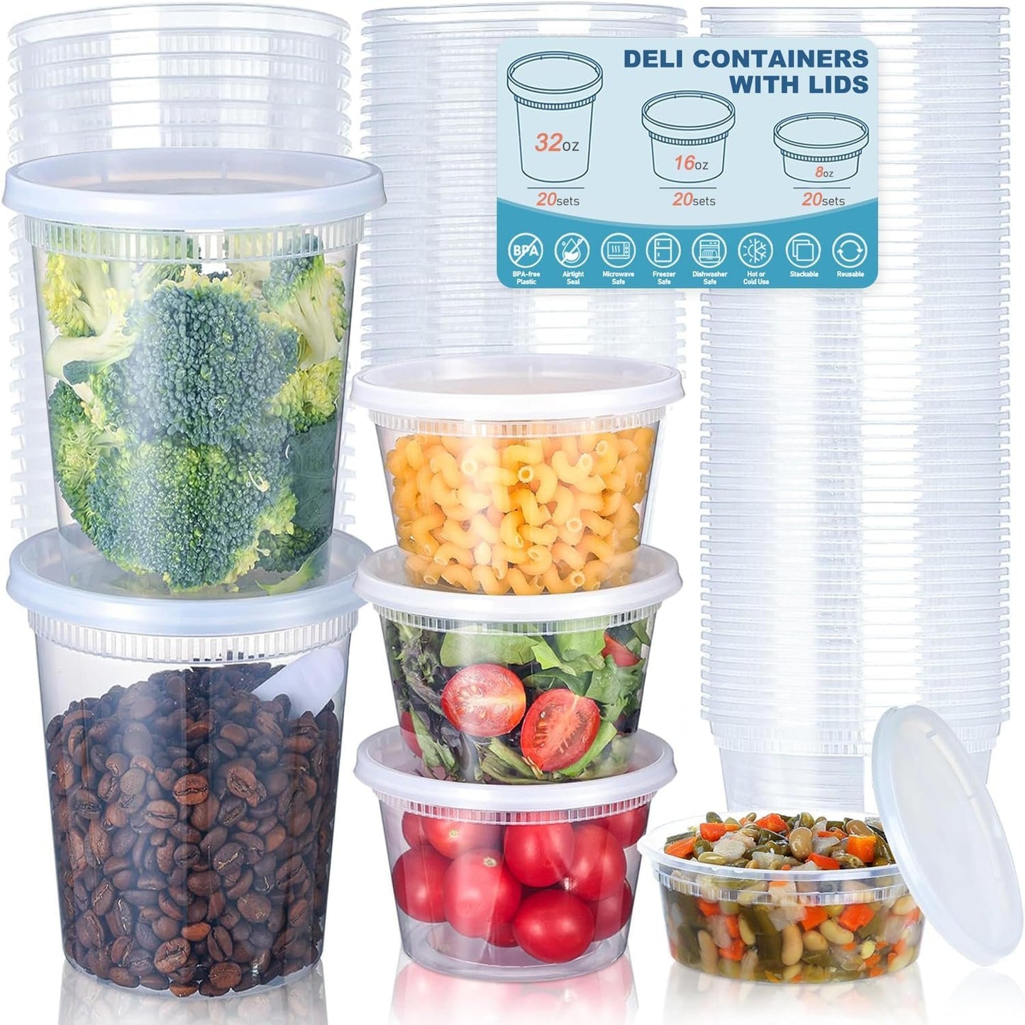 60 Pack Deli Containers with Lids, [8/16/32oz, each 20sets]Plastic Food Storage Containers Premium Plastic BPA-Free, Freezer Storage, Meal Prep Containers, Microwaveable & Dishwasher Safe