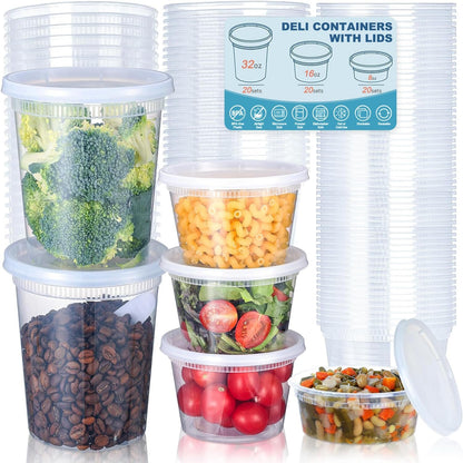 60 Pack Deli Containers with Lids, [8/16/32oz, each 20sets]Plastic Food Storage Containers Premium Plastic BPA-Free, Freezer Storage, Meal Prep Containers, Microwaveable & Dishwasher Safe