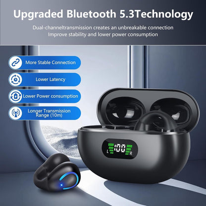 Open Ear Clip On Headphones with Ear Hook Wireless Bone Conduction Earbuds with Digital Display Charging Case Built-in Mic IPX7 Waterproof Bluetooth 5.3 Sport Earphones for Running Fitness