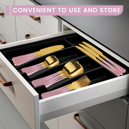 24-Piece Flatware Set with Organizer, Heavy Duty Stainless Steel Silverware for 6, Pink Cutlery Utensil Sets with Antiskid Handle, Rust-Proof Cutlery with Mirror Polished (Pink)