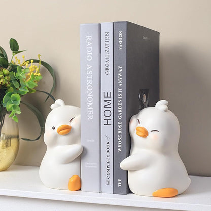 LADDERU Hug Duck Bookends, Cute Book Ends Decorative Bookends for Shelves, Creative Resin Boo1k Holders for Shelf Desk Home Office Decoration (Duck)