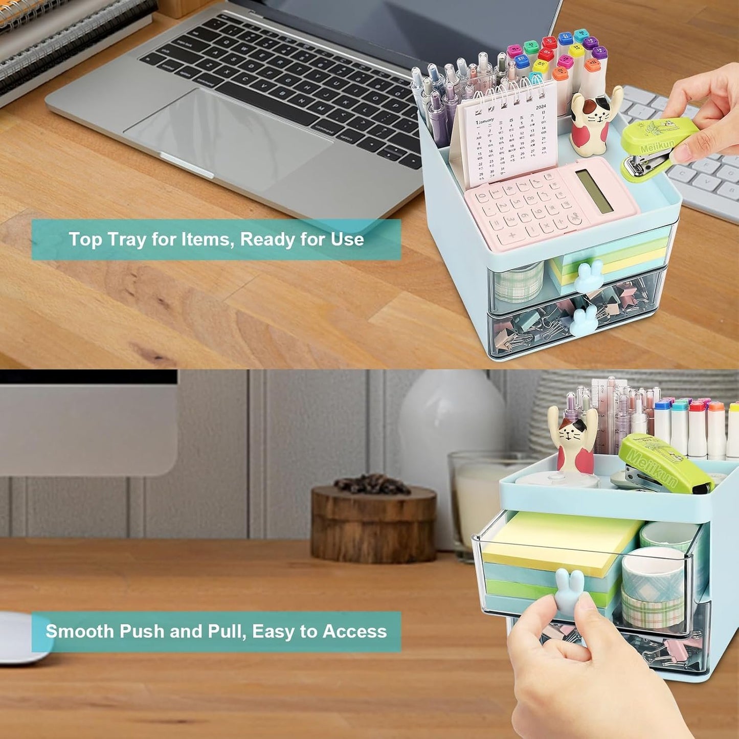 Meiikun Desk Organizer with 2 Drawers, 2 Compartments & a Top Tray, Small Desktop Organizers, Cute Makeup Brush Holder, Office Accessories Home Organization for Women, 13 cm x 15 cm x 11.5 cm (Blue)