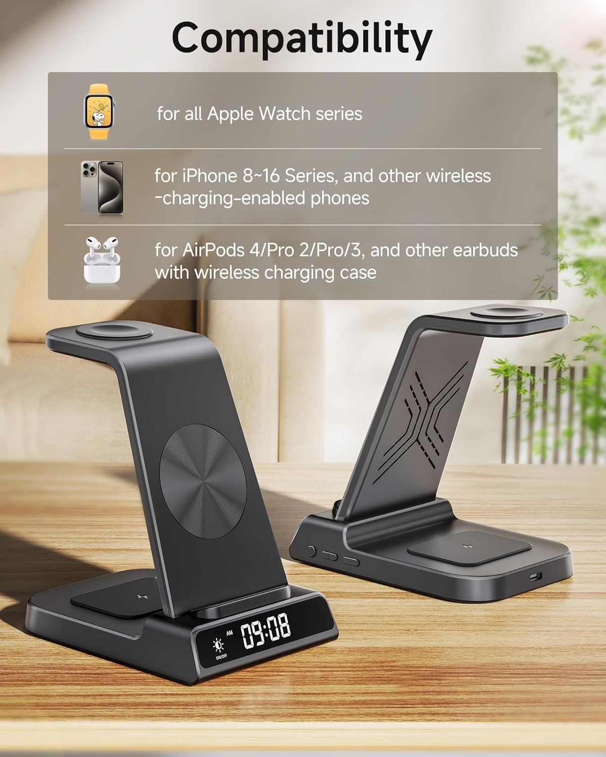 Wireless Charger Stand for iPhone, 3 in 1 Charging Station for Apple Watch Ultra 2/Ultra/10/9/8/7/6/5, Charger Dock with Clock for iPhone 16 15 14 13 12 11 X Pro Max, AirPods 4/3/Pro(No Adapter)