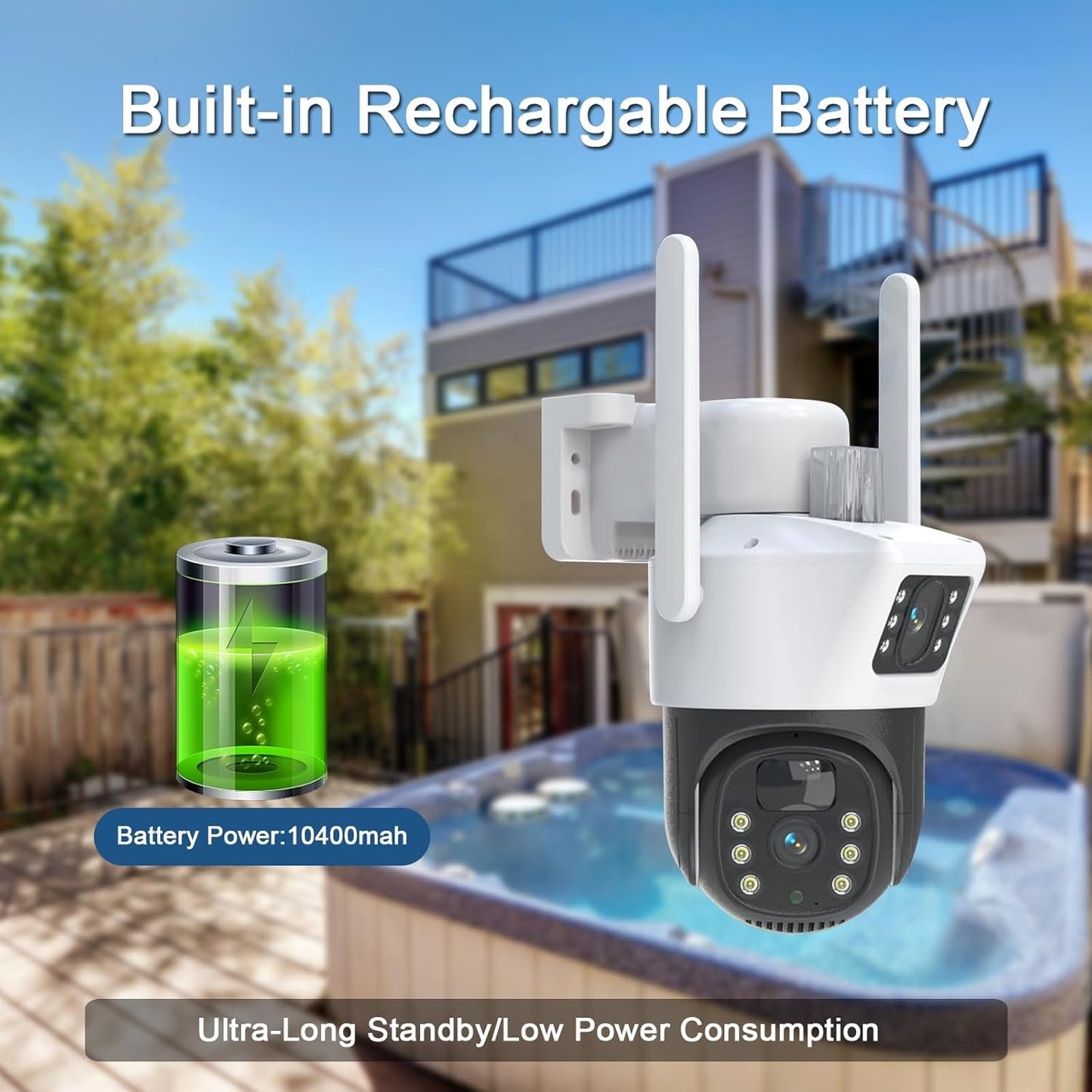 LucZeng Solar Security Cameraã€Dual Lensã€‘,15600mAh Battery WiFi Solar Camera Security Outdoor Wireless 2K, 355Â°P 120Â°T Sound Light Alarm, Colour Night Vision, PIR Motion Detection, 2 Way Talk, IP66