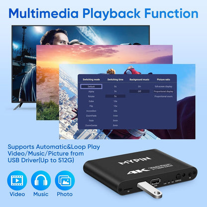 4K@30 Media Player with 2 in 1 Out HDMI Switch Function, 2 Port HDMI Switcher Splitter, Automatic Switch with Remote, Medie Player Supports Image, Music, Video Playback