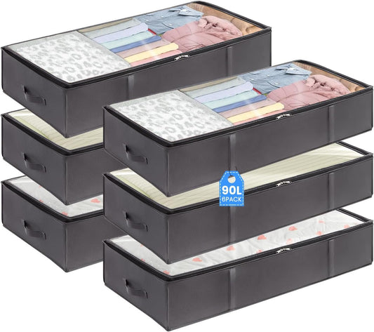6PACK 90L Underbed Storage Containers,Reinforced Handle Closet Organizers and Storage Bins, Foldable Underbed Bags for Blankets, Towels, Comforter, Sweaters, Pillows, Linen Sheets