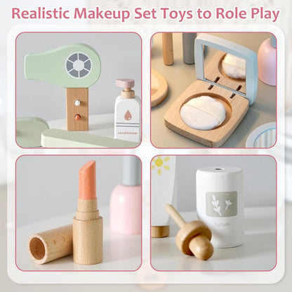 Smartwo 22 Pcs Wooden Makeup Toy Set ,Montessori Inspired Ultimate Beauty and Hair Salon Kit for Kids Pretend Play ,Kids Makeup Kit for Girl Toys for Toddler Girls Aging 2 3 4 Years Old