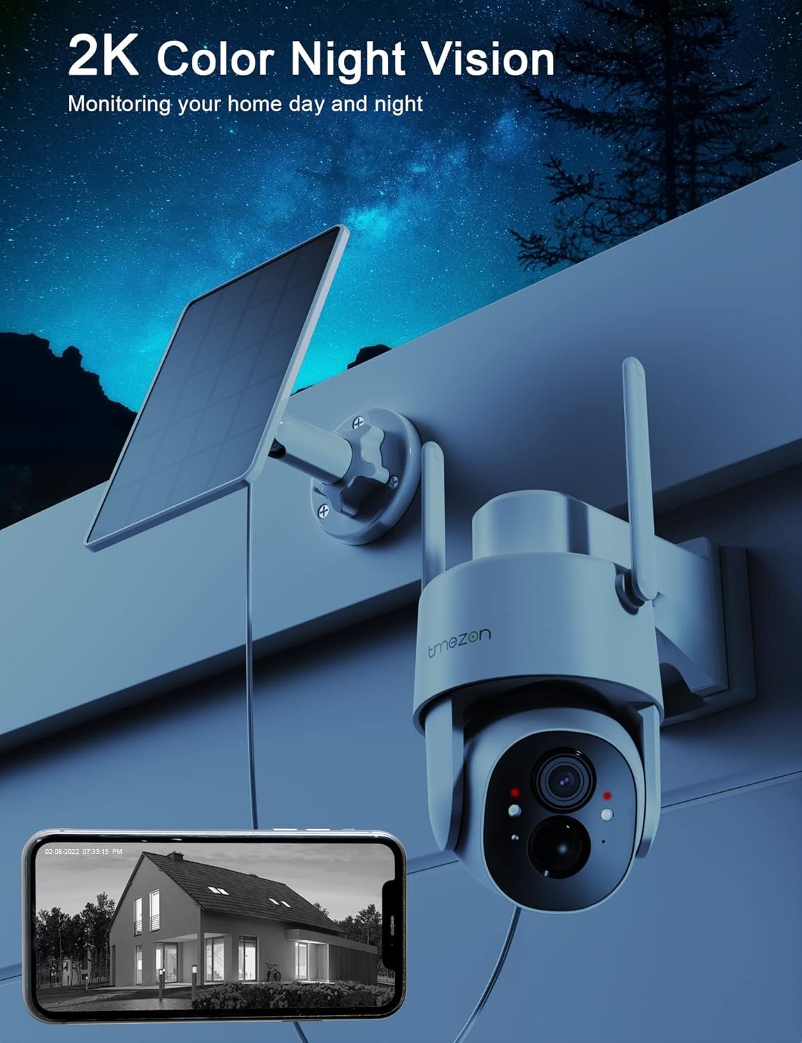 TMEZON 2 Pack Solar Powered Security Camera, Outdoor Wireless 360Â° PTZ Camera for Home Surveillance with 3MP Night Vision Pan Tilt Solar Powered Two-Way Audio Motion Detection 2.4Ghz WiFi IP65