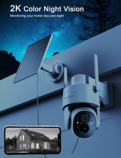 TMEZON 2 Pack Solar Powered Security Camera, Outdoor Wireless 360Â° PTZ Camera for Home Surveillance with 3MP Night Vision Pan Tilt Solar Powered Two-Way Audio Motion Detection 2.4Ghz WiFi IP65