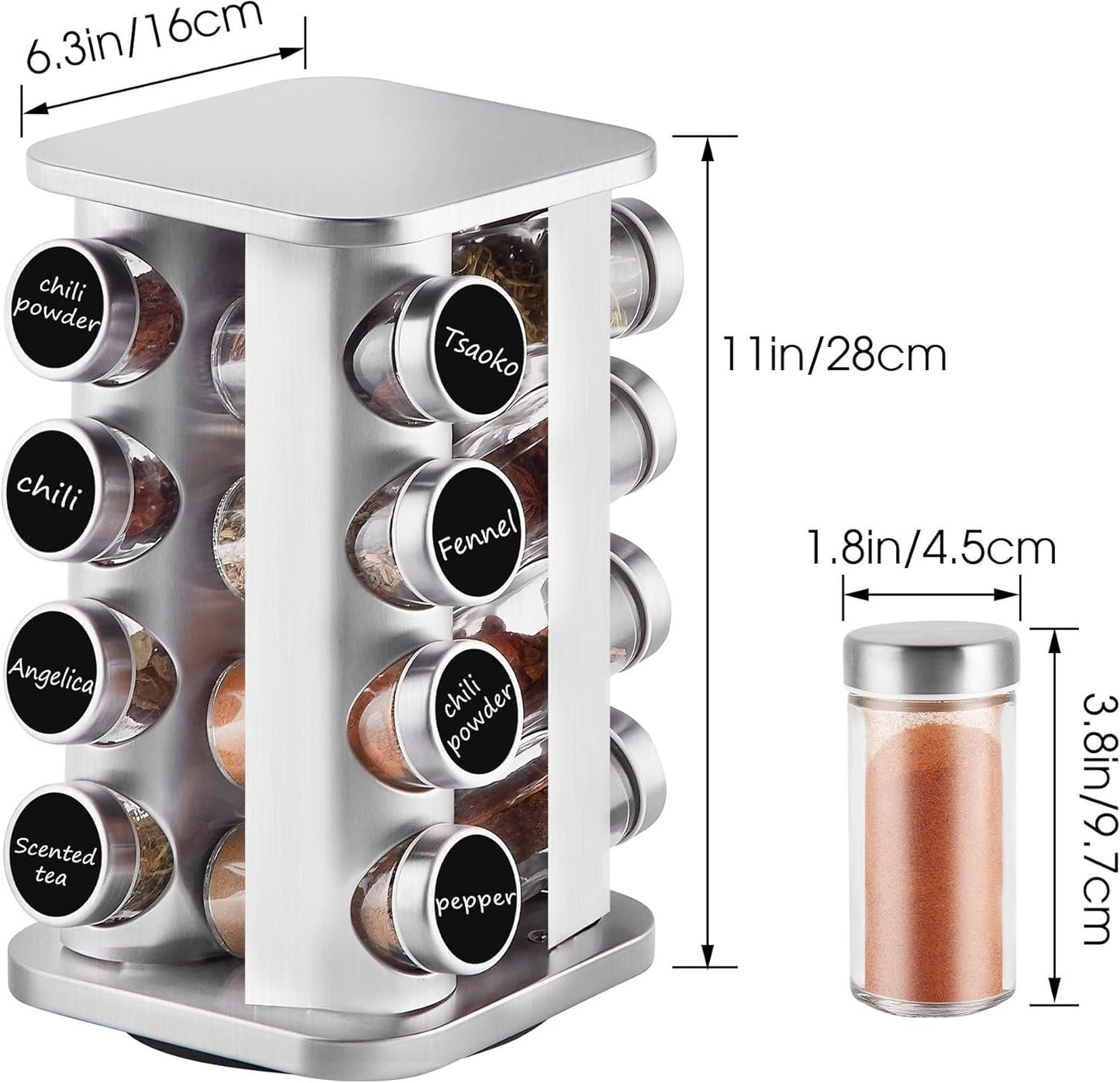 Countertop Revolving Spice Rack, 16-Jars Stainless Steel Spice Rack Organizer, Square Carousel Spice Rack Tower, Seasoning Storage Organization for Kitchen Home Dried Herbs