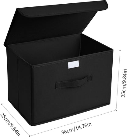 DIMJ 3 Pack Storage Boxes with Lid, Fabric Baskets Closet Storage Bins with Handles Cube Baskets Organization for Home, Office, Nursery(Black)