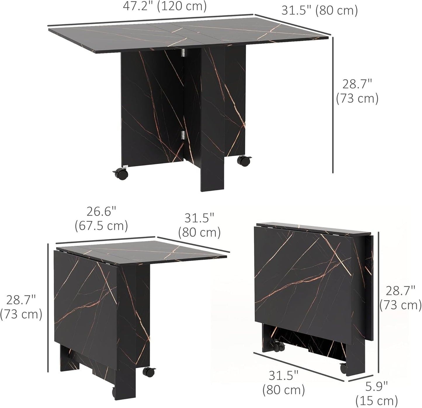 HOMCOM Foldable Dining Table, Drop Leaf Folding Side Table Console Writing Desk with 2 Wheels for Kitchen, Dining Room, Faux Marbled Black
