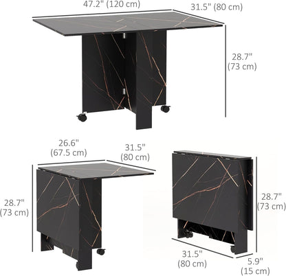 HOMCOM Foldable Dining Table, Drop Leaf Folding Side Table Console Writing Desk with 2 Wheels for Kitchen, Dining Room, Faux Marbled Black