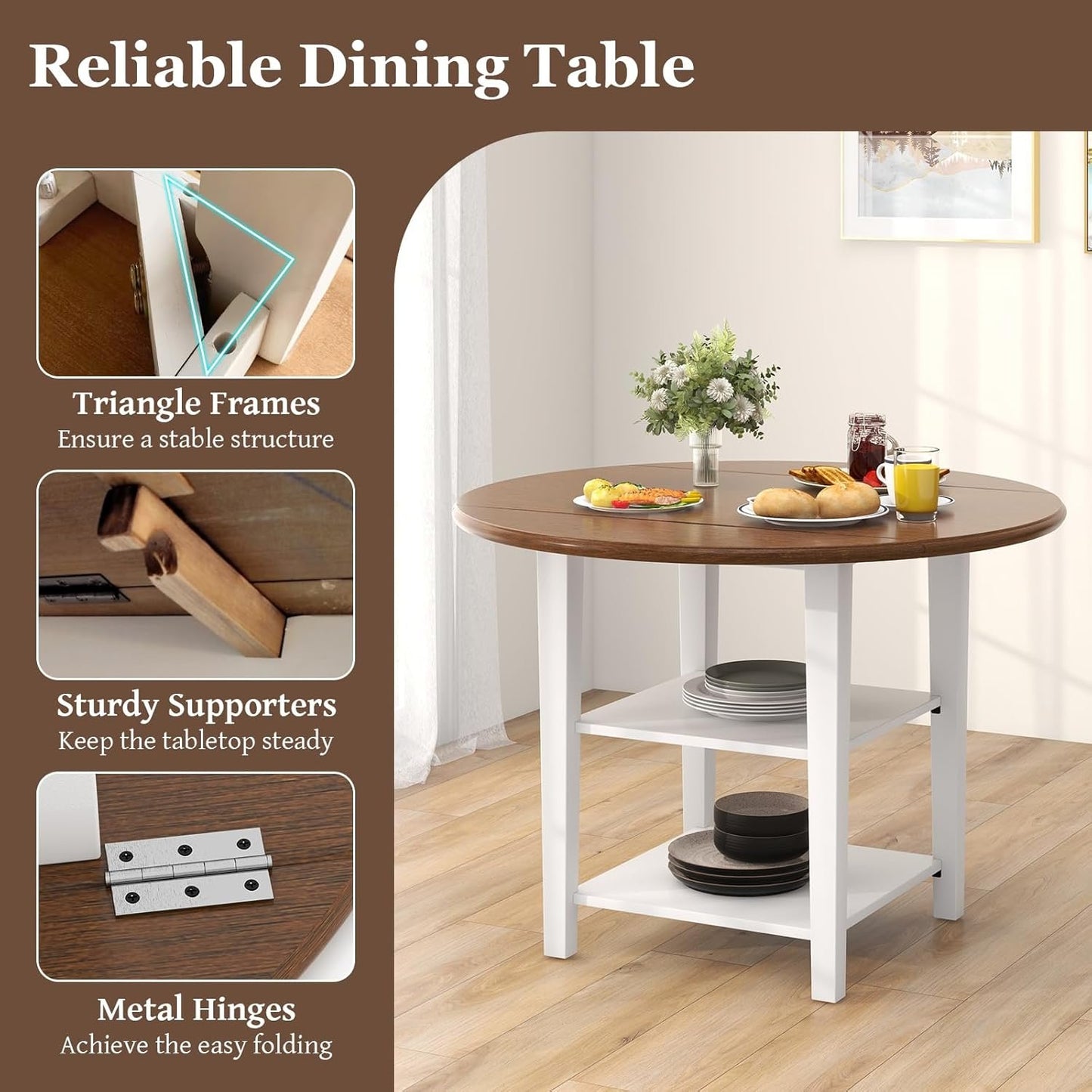 Giantex 42.5 Inches Round Dining Table, Drop Leaf Kitchen Table with Storage Shelves, Expandable Tabletop for Small Space, Dining Room, Living Room, Dinner Table for 4