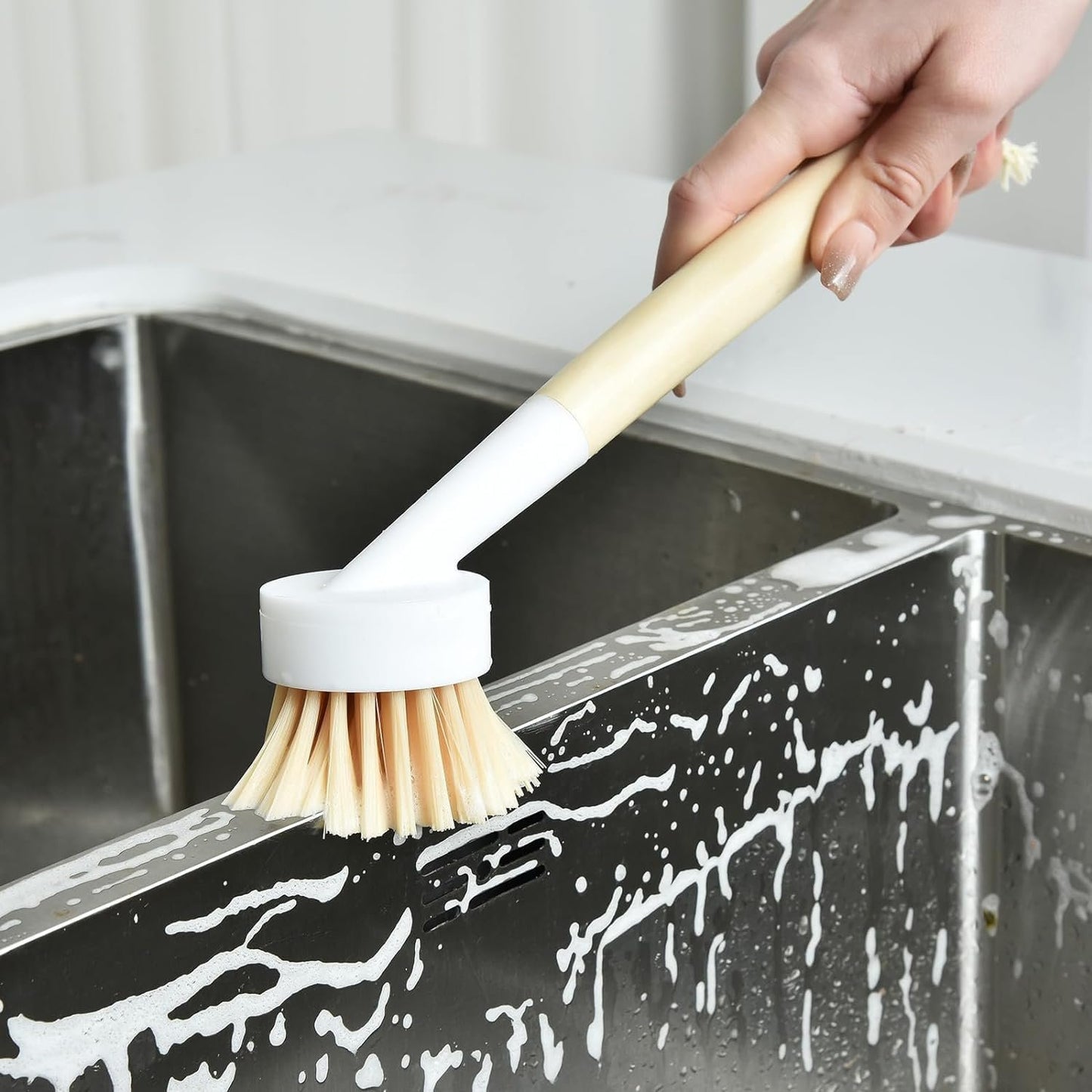 NINU Dish Brush with Handle with 3 Replacement Heads, Eco Brosse Vaisselle, Dish Scrub Brush, Dish Scrubber Brush, Vegetable Brush, Wok Brush for Cleaning Kitchen Utensils