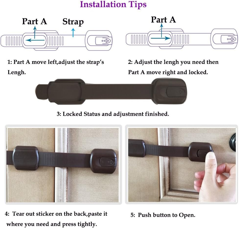 Child Safety kid safety Cabinet Lock Child Proofing Strap Locks for Baby Safety lock,Free Extra Adhesive Tape Included.No Drilling,Easy Installation.(Brown, 8 Pack)