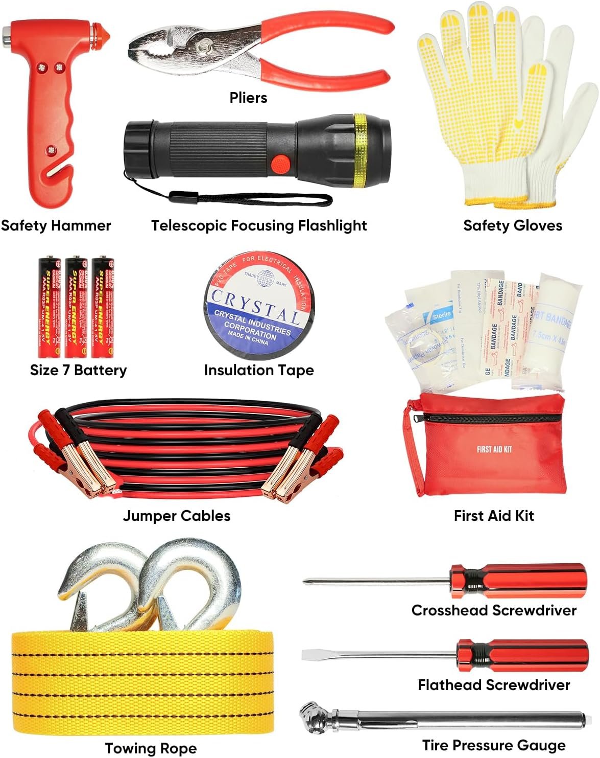CAWWRT Car Emergency Kit, Roadside Emergency Car Kit with Warning Light Reflective Triangle, Jumper Cable, Tow Strap, Flashlight, First Aid Kit, Tire Pressure Gauge, Safety Hammer Car Tool Kit