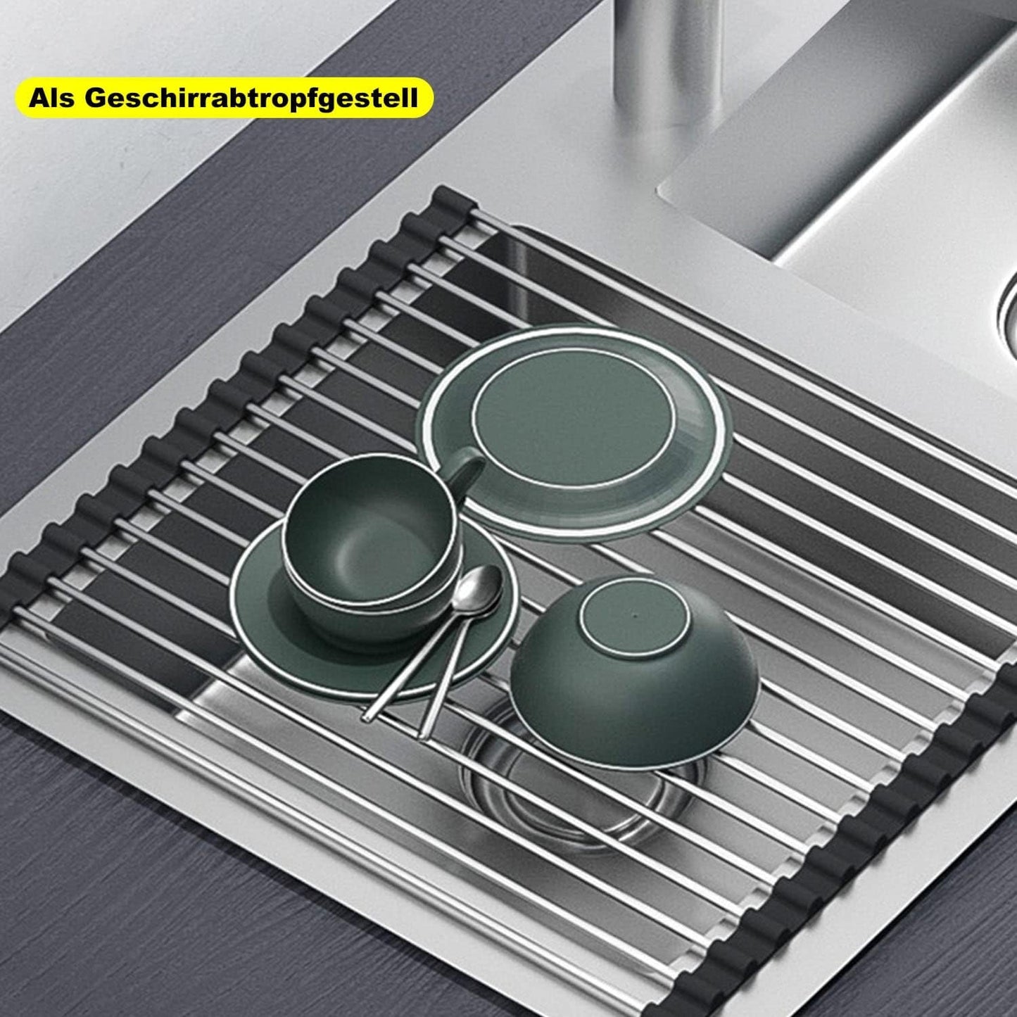 ViWaVee Foldable Removable Stainless Steel Over Kitchen Sink Dish Drainer Rack Holder Mat Organizer for Cups, Fruits, Vegetables-Black