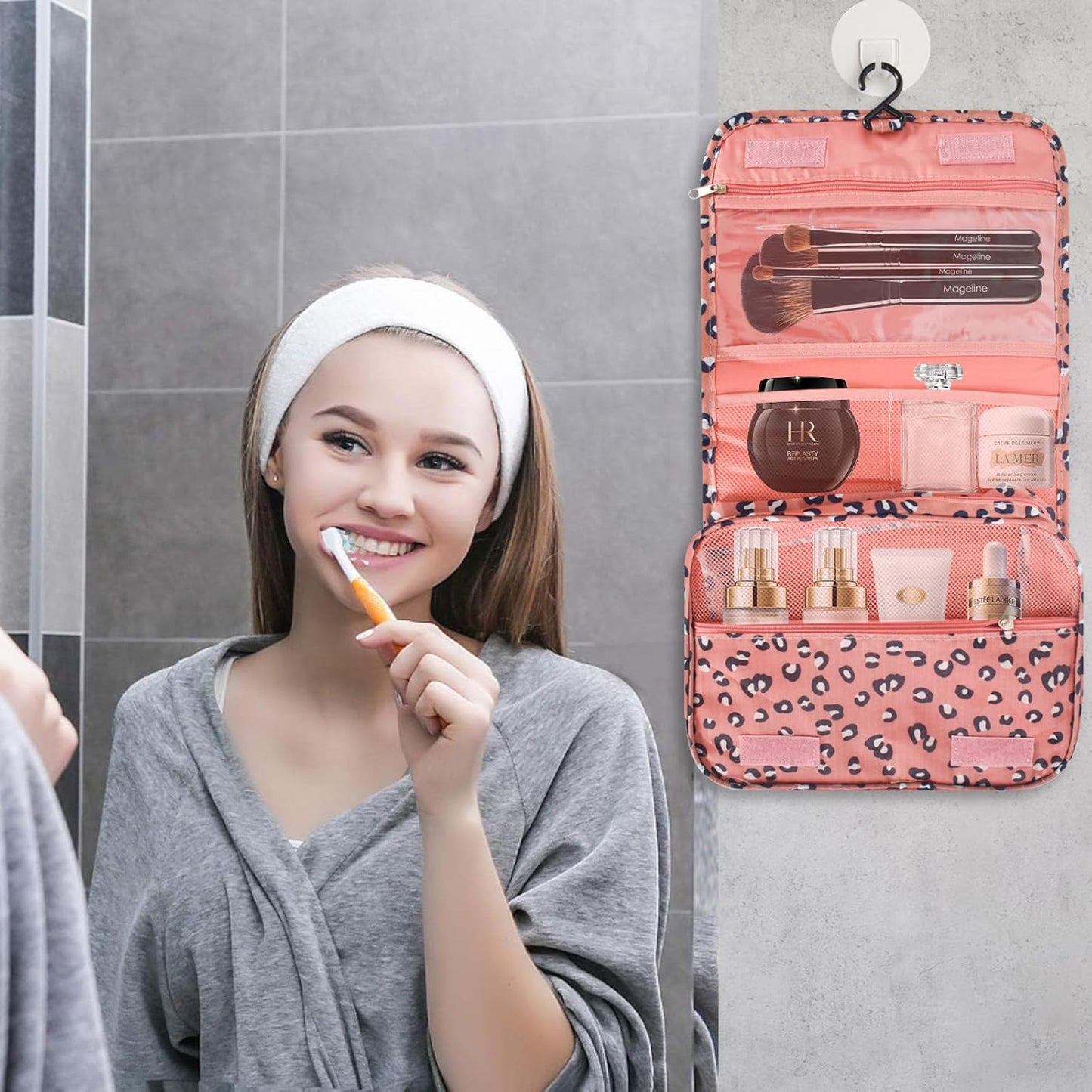 Travel Toiletry Bag, Hanging Toiletries Wash Bag Makeup Cosmetic Organizer Bags for Women Girls Kids Waterproof Foldable (Leopard Print)