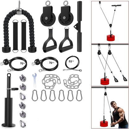 Cable Pulley System Gym, Upgraded Weight Pulley System with 3 Detachable Handles, LAT and Lift Pulley Attachments for Biceps Curl, Triceps, Chest Workout - DIY Home Gym Fitness Equipment
