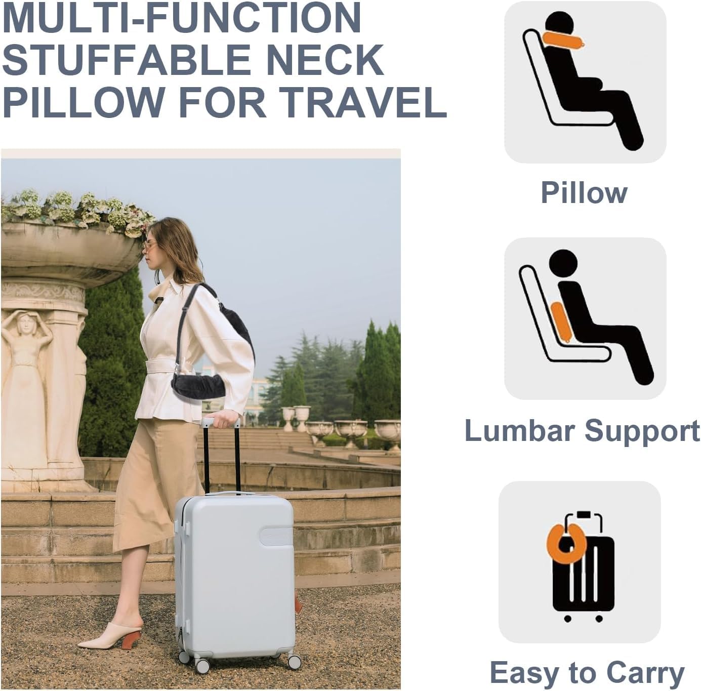 Stuffable Travel Pillow, Comfortable Neck Pillow with Snap Strap, Multi-Functional Travel Neck Pillow with Clothes Storage, Stuffable Travel U-shaped pillow, Fillable Portable Neck Pillow Case (BK)