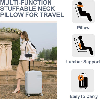 Stuffable Travel Pillow, Comfortable Neck Pillow with Snap Strap, Multi-Functional Travel Neck Pillow with Clothes Storage, Stuffable Travel U-shaped pillow, Fillable Portable Neck Pillow Case (BK)