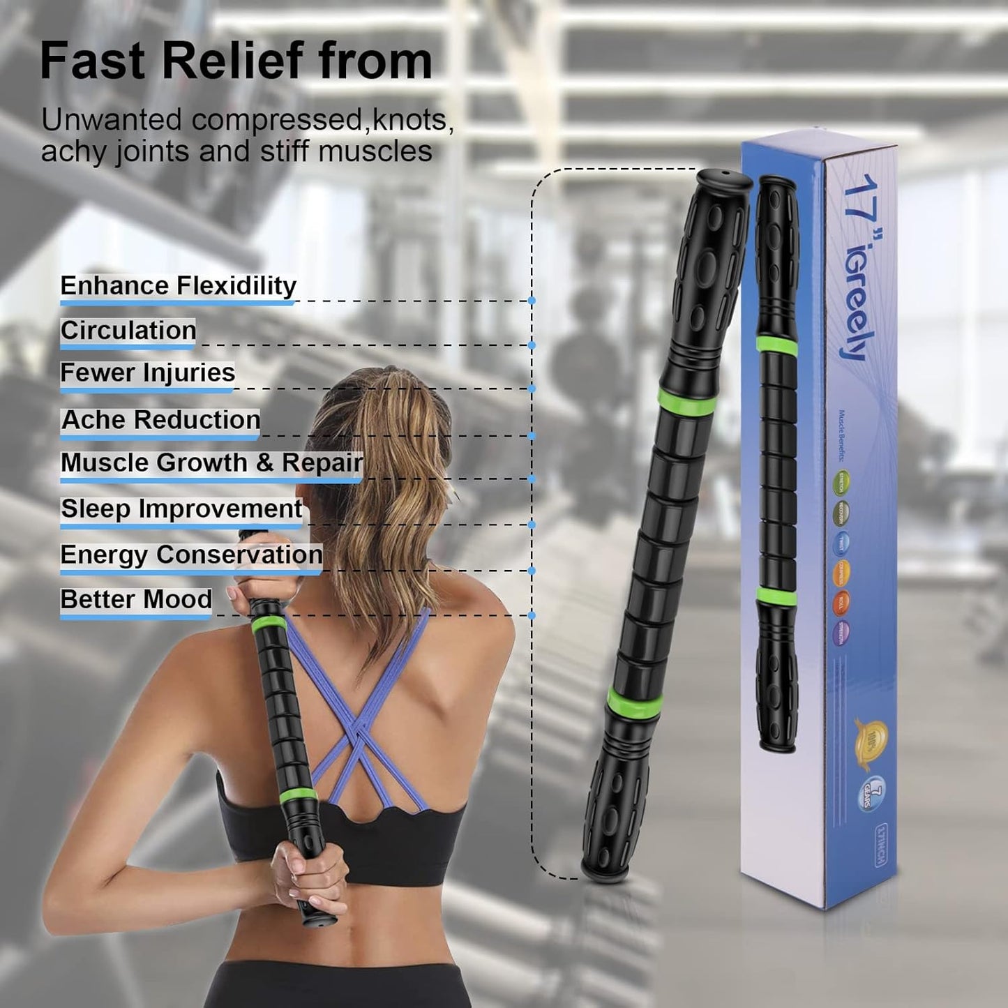 Premium Muscle Roller The Ultimate Massage Roller Stick 17 Inches Recommended by Physical Therapists Promotes Recovery Fast Relief for Cramps Soreness Tight Muscles-Black