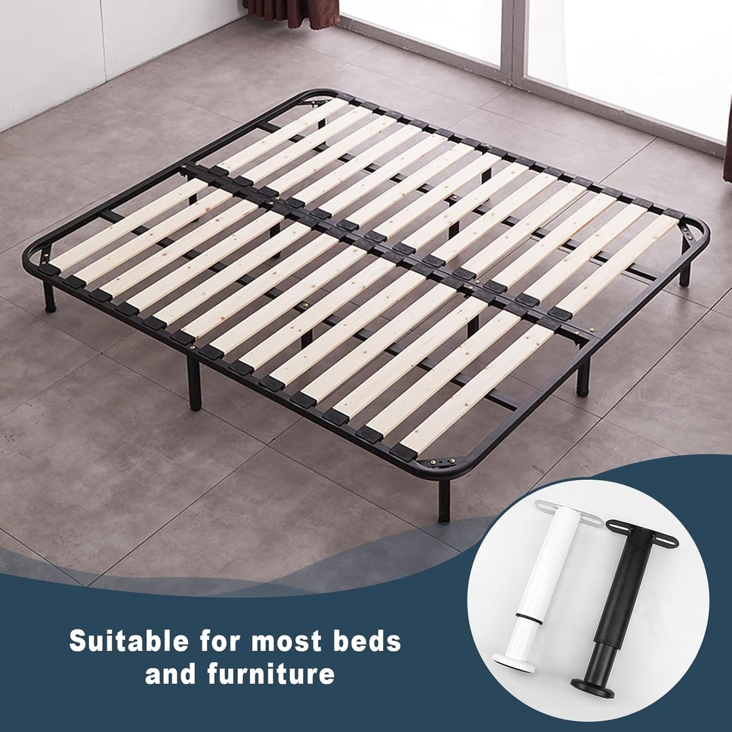 Riobby Slatted Base Feet, Adjustable Metal Legs Bed Support Legs for Furniture, Central Bed, Suitable for Cabinets, Sofa Beds, Retractable 18-33cm (Black 2 Pieces)