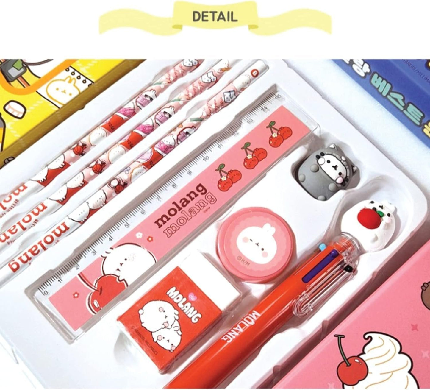 Molang Best School Stationery Set - Kawaii Korean Kit (Pencil 3pcs, Eraser, Sharpener, Case, 6-Color Ballpoint Pen, Figure, Ruler) - Complete Supplies for Students, Office, Art, Writing