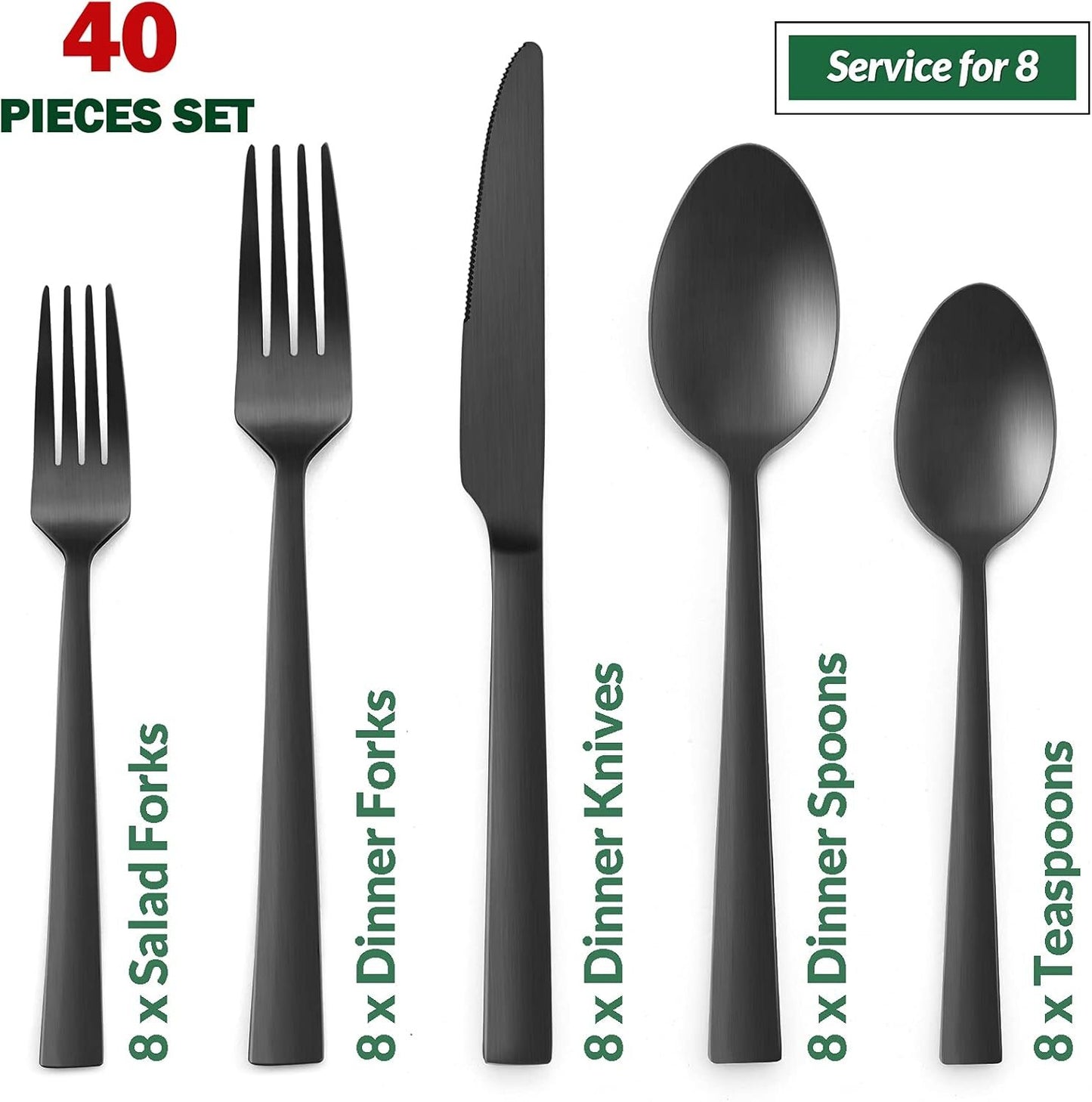40-Piece Matte Black Silverware Set, E-far Stainless Steel Flatware Set Service for 8, Metal Cutlery Eating Utensils Tableware Includes Forks/Spoons/Knives, Square Edge