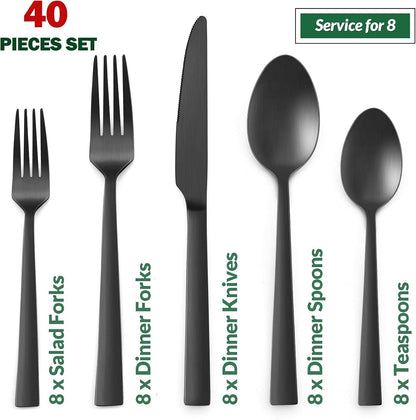 40-Piece Matte Black Silverware Set, E-far Stainless Steel Flatware Set Service for 8, Metal Cutlery Eating Utensils Tableware Includes Forks/Spoons/Knives, Square Edge