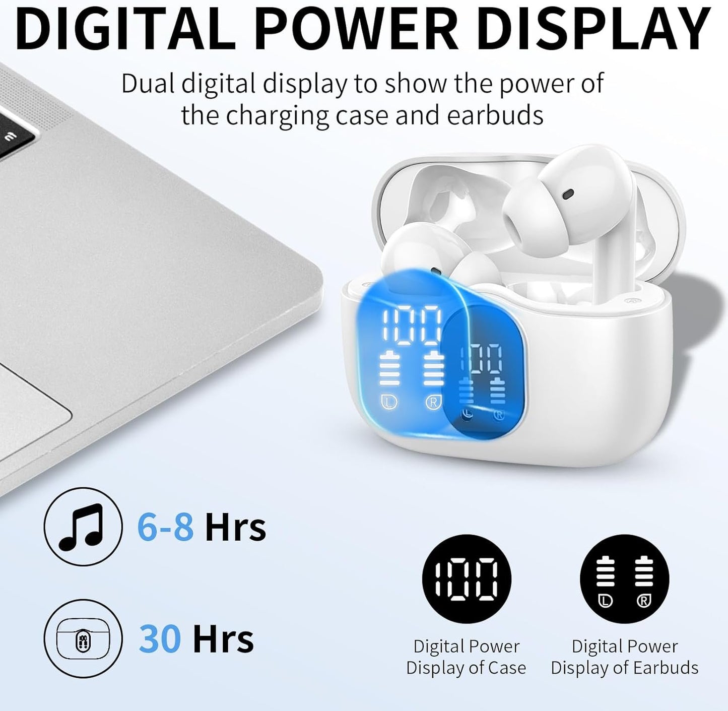Wireless Earbuds, Bluetooth Headphones 5.4 HiFi Stereo, Wireless Earphones with ENC Noise Cancelling Mic, IP7 Waterproof in Ear Headphones, LED Digital Display Ear Buds, Touch Control, White