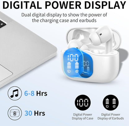 Wireless Earbuds, Bluetooth Headphones 5.4 HiFi Stereo, Wireless Earphones with ENC Noise Cancelling Mic, IP7 Waterproof in Ear Headphones, LED Digital Display Ear Buds, Touch Control, White